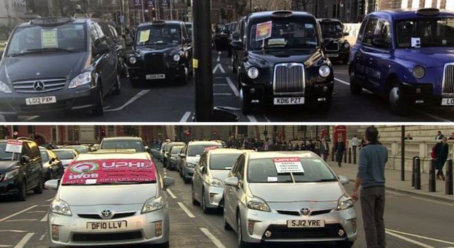 Блокады черных водителей такси (вверху) и водителей Uber