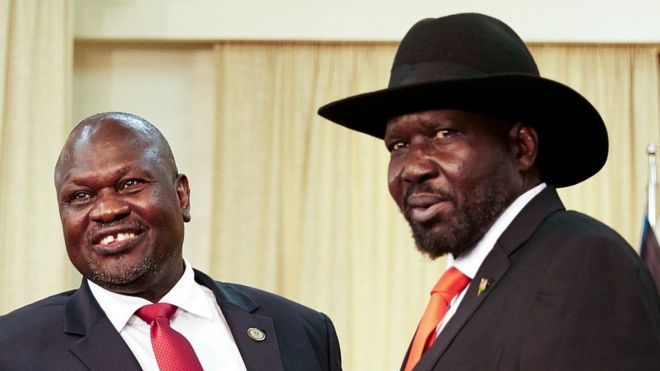 South Sudan's ex-vice president and former rebel leader Riek Machar (L) meets with South Sudan's President Salva Kiir at the presidential office in Juba, on October 19, 2019.