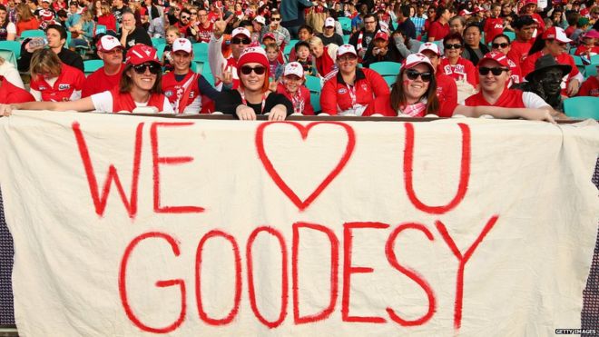 Поклонники Сиднея Лебедей держат знак поддержки футболиста Адама Гудеса