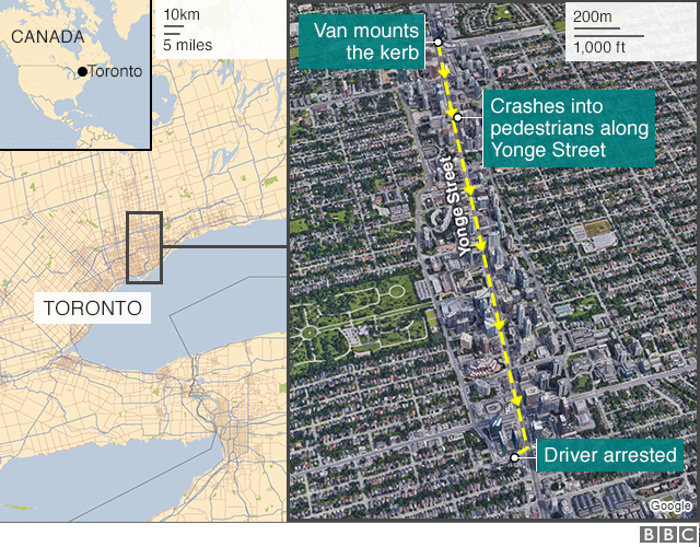 Карта Би-би-си, показывающая сцену нападения на Торонто ван 23 апреля 2018 года