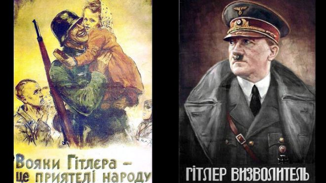 Carteles de propaganda nazi para el RKU con inscripciones en ucraniano: "Los soldados de Hitler son amigos del pueblo" (izquierda); "Hitler el Libertador" (derecha).