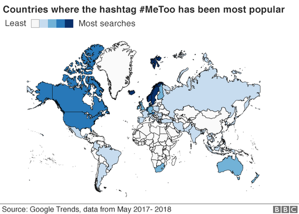 Карта мира с цветной кодировкой, показывающая, где хештег #MeToo был самым популярным