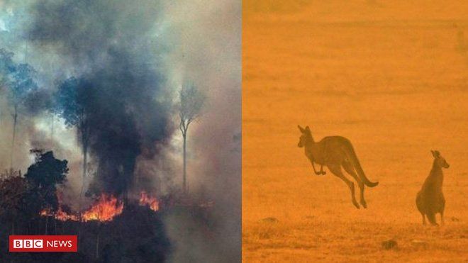 Montagem de incêndio na Amazônia (à esq) e incêndio na Austrália