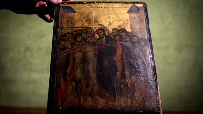 Картина, озаглавена „Христос се подиграва“ от художника от края на 13-ти век Френтински художник Чени ди Пепо, известен също като Чимабу, 23 септември 2019