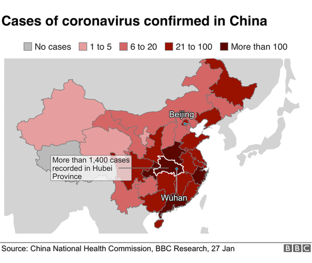 Карта, показывающая распространение вируса в Китае