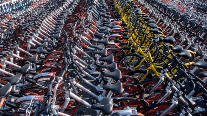 Rows of bikes in China's bike sharing scheme