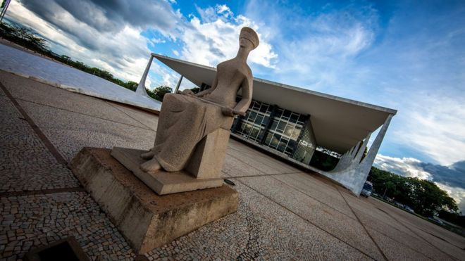 Fachada do Supremo Tribunal Federal, com destaque para imagem que representa a Justiça vendada