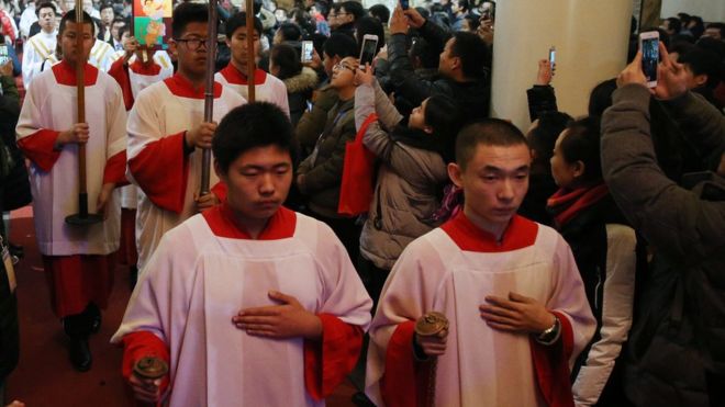 今年圣诞节在中国北京举行的天主教仪式。中