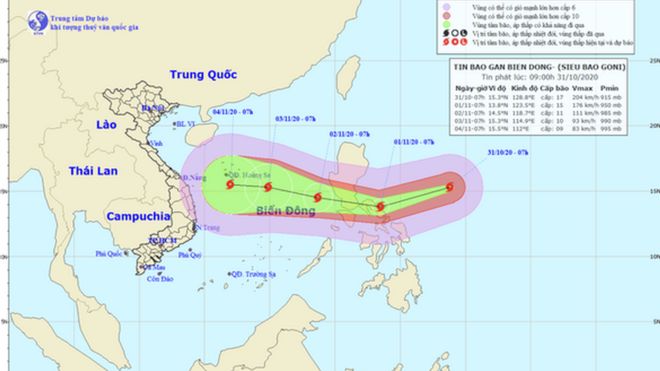 Vị trí và hướng di chuyển siêu bão Goni