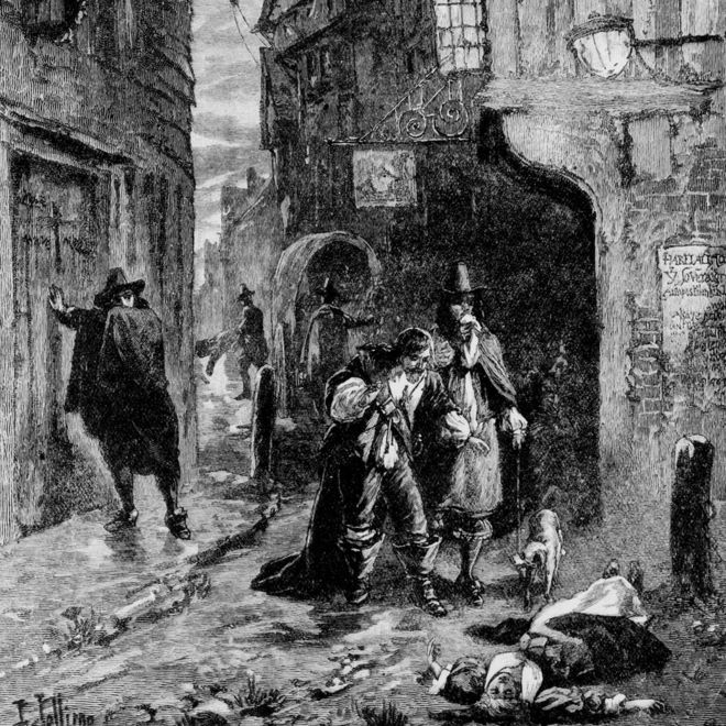 Два джентльмена встречают тело молодой женщины, лежащей на улице во время Великой чумы в Лондоне. Иллюстрация J Jellicoe и H Raillon
