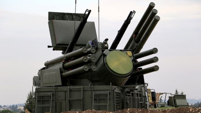 A Russian Pantsir-S1 anti-aircraft defence system at the Russian Hmeimim military base in Latakia province, in the northwest of Syria, on December 16, 2015.