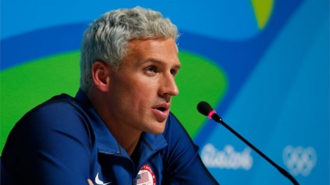 Ryan Lochte of the United States attends a press conference in the Main Press Center on Day 7 of the Rio Olympics on August 12, 2016 in Rio de Janeiro, Brazil.