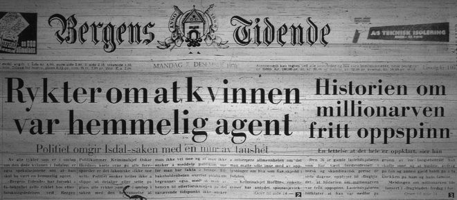Заголовок газеты «Бергенс Тиденде» от 7 декабря 1970 года с заголовком «Слухи говорят, что женщина была тайным агентом