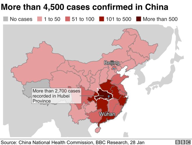Карта показывает распространение вируса в Китае