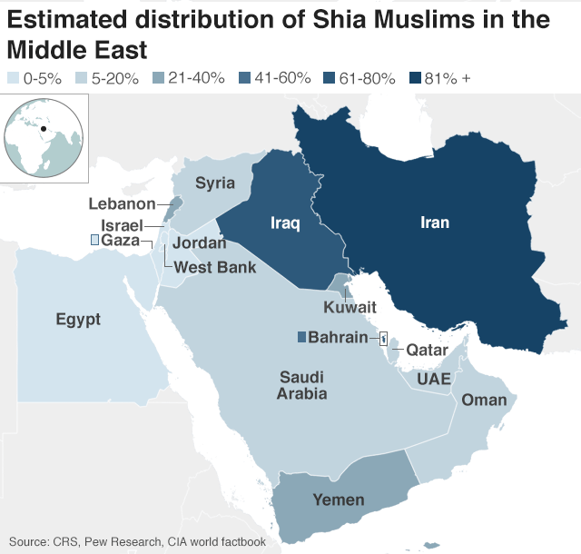 Карта распространения шиитов на Ближнем Востоке