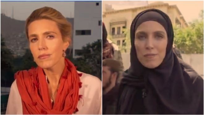 Jornalista da CNN, Clarissa Ward, dando notícias do Afeganistão; do lado esquerdo, com cabelo e rosto descobertos; do lado direito, de véu