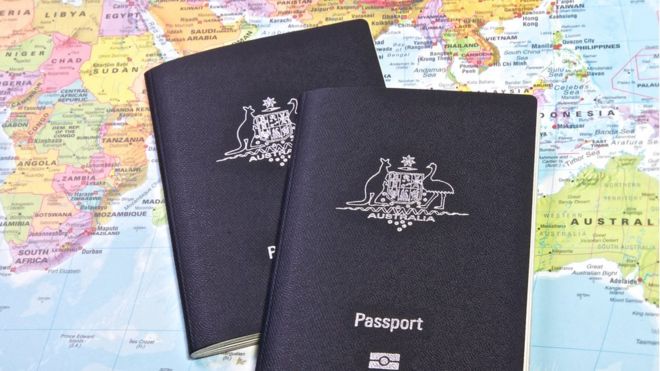 Two Australian passports on a world map
