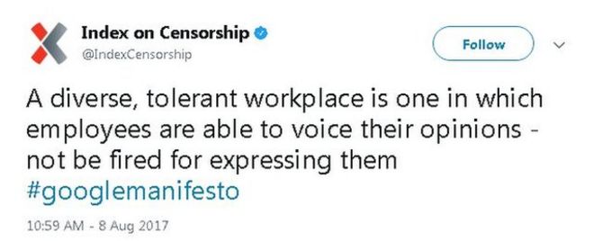 В твиттере говорится: «Разнообразное, толерантное рабочее место - это место, где сотрудники могут высказывать свое мнение, а не увольняться за выражение их» #googlemanifesto