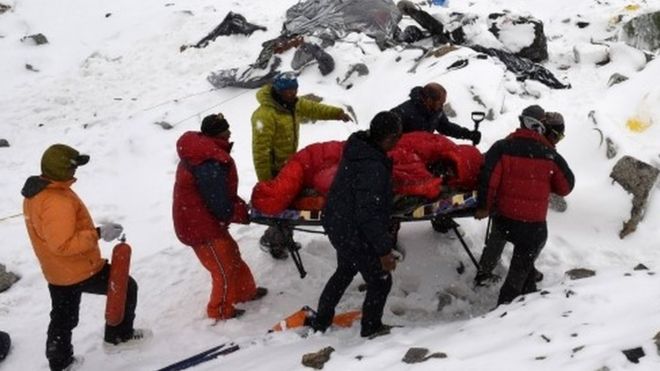 Спасатели используют самодельные носилки для перевозки раненых после лавины, вызванной разрушенными землетрясением частями базового лагеря Эвереста (25 апреля 2015 г.)