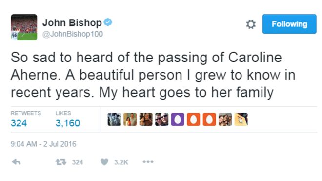 Джон Бишоп написал в Твиттере: «Так грустно слышать о кончине Кэролайн Ахерн. Красивый человек, которого я узнал в последние годы. Мое сердце принадлежит ее семье ».