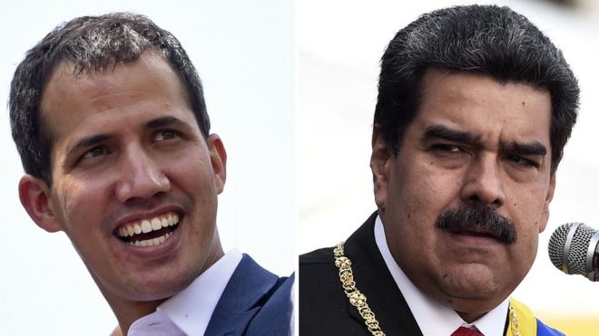 Составная картина показывает, что лидер венесуэльской оппозиции Хуан Гуайдо (слева) улыбается во время собрания сторонников в Каракасе в феврале 2019 года, а президент Венесуэлы Николас Мадуро выступает с речью во время церемонии признания Боливарианскими национальными вооруженными силами (FANB) в Каракас в январе 2019 года