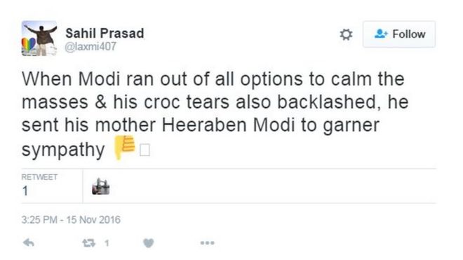 Когда у Моди закончились все варианты, чтобы успокоить массы его крокодиловые слезы также отозвались, он послал свою мать Хирабен Моди, чтобы получить сочувствие