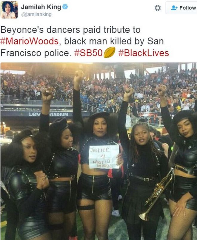 Твит, показывающий, что танцоры Бейонсе призывают к справедливости за стрельбу в полиции - 7 февраля 2016 года