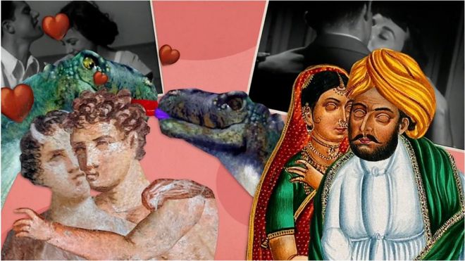 Montagem de ilustrações representando indianos, romanos e dinossauros se beijando.