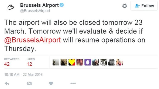 Твиттер аэропорта Брюсселя: Аэропорт также будет закрыт завтра, 23 марта. Завтра мы оценим & решить, будет ли @BrusselsAirport возобновить работу в четверг.
