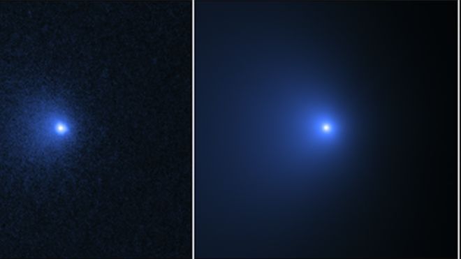 Tres imágenes de partes del cometa Berardinelli-Bernstein