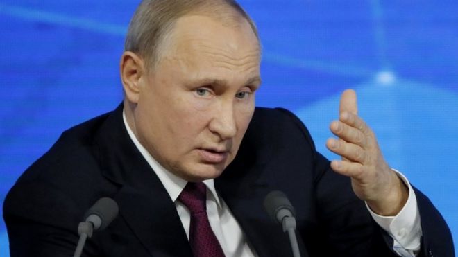 Russian President Vladimir Putin speaks during annual news conference in Moscow, Russia