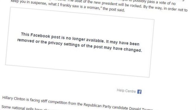 Снимок экрана с Citi FM в Гане, в котором говорится, что пост в Facebook больше не доступен