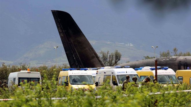 Burnt wreckage of the Algerian military plane, 11 April 2018