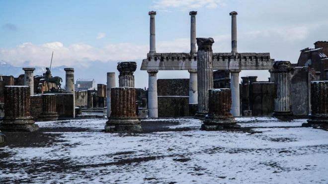 The excavation site in Pompeii is covered with snow after a snowfall, in Pompeii near Naples, Italy, 27 February 2018.