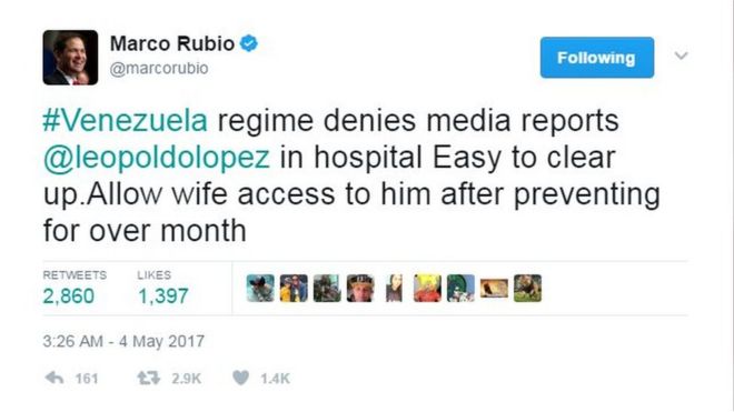 Твит Марко Рубио читает: # Режим Венесуэлы опровергает сообщения СМИ @leopoldolopez в больнице Легко разобраться. Разрешить жене доступ к нему после предупреждения в течение месяца