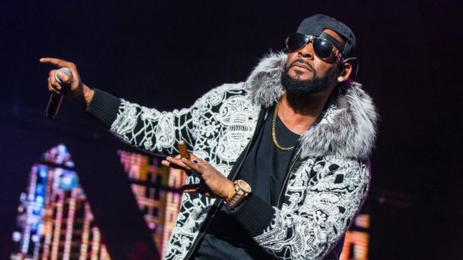 R. Kelly wearing sunglasses and a coat with a furry hood