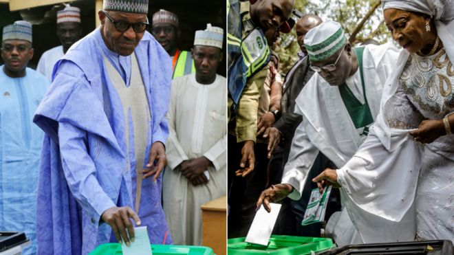 Nigerian president Muhammadu Buhari (L) and his opponent Atiku Abubakar cast their ballots