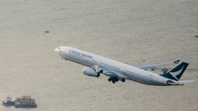 Cathay Pacific flight taking off in Hong Kong.