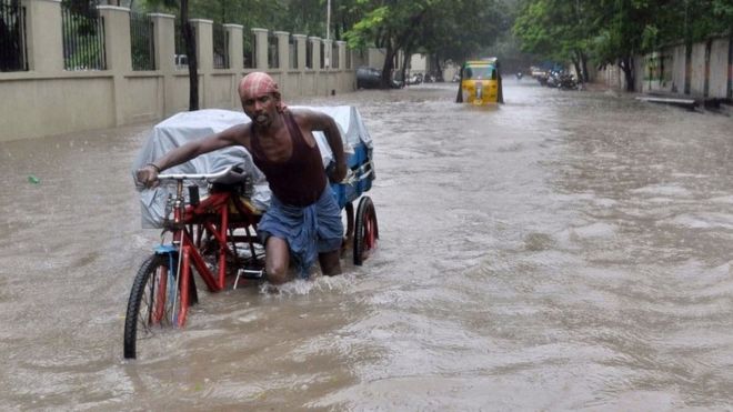 Индийский рабочий проталкивает свой велопробег через паводковые воды в Ченнаи 1 декабря 2015 года,