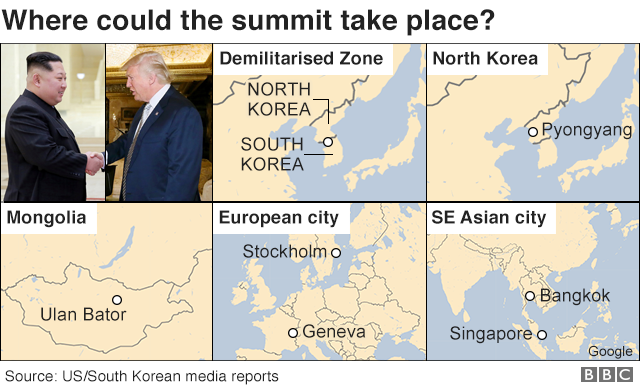 График, показывающий некоторые возможные места для саммита Трампа-Кима, включая Демилитаризованную зону