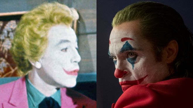 César Romero (izq.) y Joaquín Phoenix en sus diferentes interpretaciones de Joker
