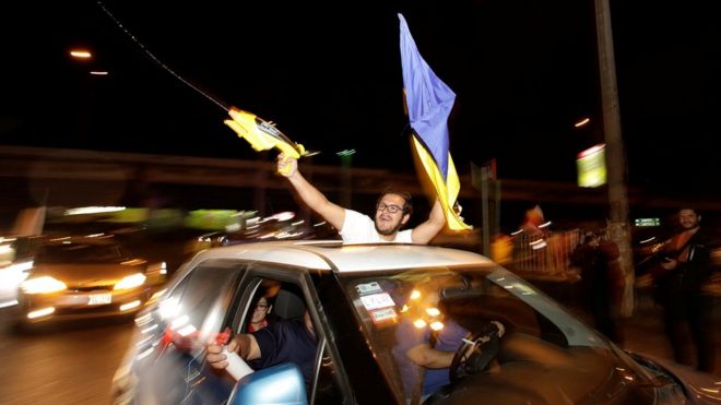 Supporters of Fabricio Alvarado celebrate after polls closed during Costa Rica's presidential election in San Jose, Costa Rica, February 4, 2018