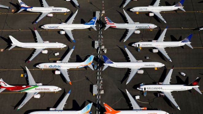 Grounded Boeing 737 MAX aircraft are seen parked in an aerial photo at Boeing Field in Seattle, Washington, U.S. July 1, 2019.