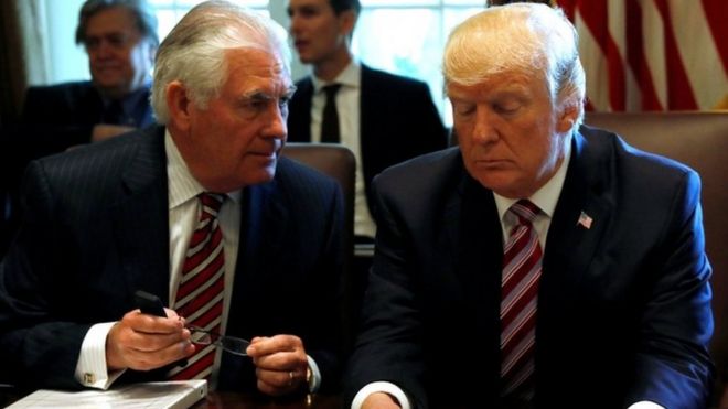 US President Donald Trump talks with Secretary of State Rex Tillerson at the White House on 12 June, 2017.