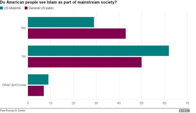 Гистограмма показывает, как американцы видят ислам как часть основного общества