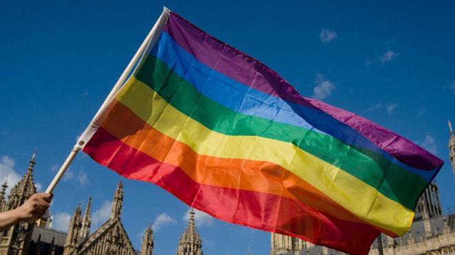 pride flags flies with houses of parliament in the background