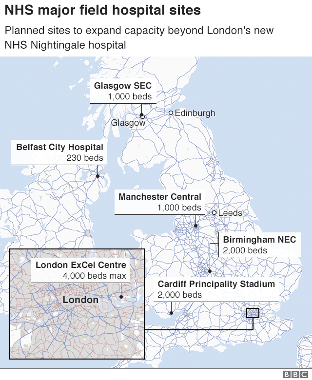 Карта, показывающая расположение NHS Nightingale в Лондоне и возможные другие места
