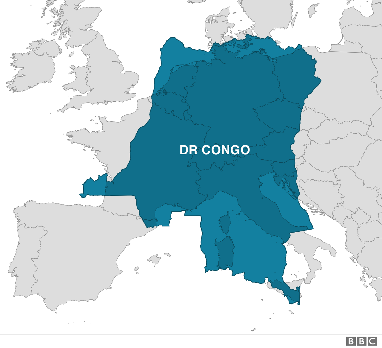 Карта ДР Конго над Западной Европой