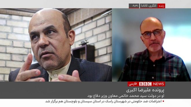 مهدی اکبری (راست) از کانادا در مصاحبه‌ای با بی‌بی‌سی فارسی شرکت کرد