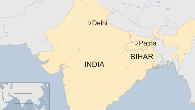 Карта с изображением Патны и Бихара, а также Дели на карте Индии